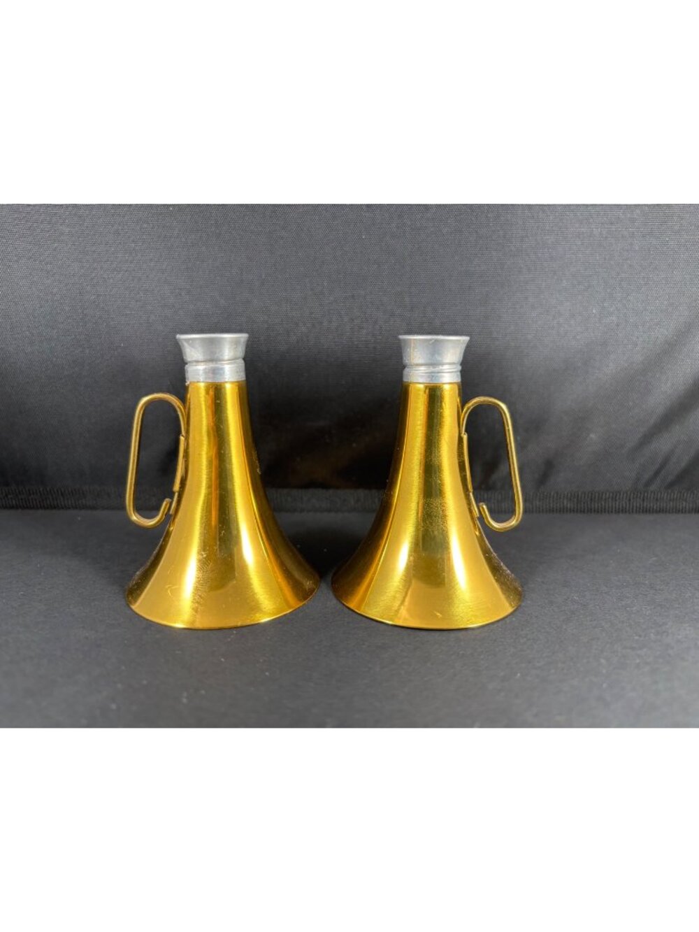 Vintage Salt & Pepper Shakers Glass & Brass Tin Megaphone Horn Cheerleader